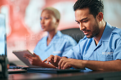Buy stock photo Man, police and typing on keyboard for communication, alert or surveillance of mall cop at desk. Male person or security guard on computer for monitoring, CCTV or emergency dispatch in crime safety