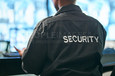 Buy stock photo Office safety, back and man or security for a business or building for service. Law patrol, working and a worker at a professional job as a bodyguard or agent for protection at a workplace or agency
