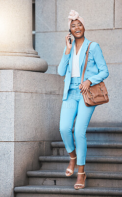 Buy stock photo Phone call, happy and businesswoman on stairs in the city walking from her office building. Smile, briefcase and professional African female lawyer on mobile conversation with cellphone in urban town