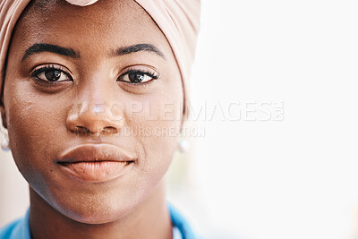 Buy stock photo Black business woman, portrait and space in closeup for mockup, pride and confident for job as legal advisor. African lady, corporate law expert and face with zoom, fashion and beauty for career