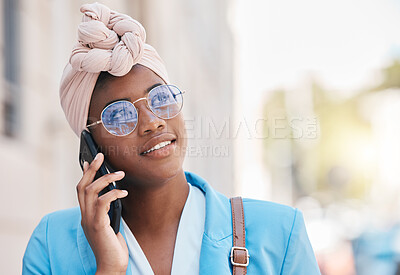 Buy stock photo Thinking, phone call and black woman in city for business communication with contact. African professional, vision and smartphone for conversation, discussion or talking, listening and chat outdoor.