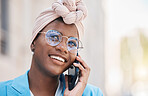 Phone call, communication and young businesswoman in the city walking with smile and confidence. Happy, technology and professional African female lawyer on mobile conversation with cellphone in town