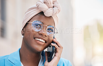 Buy stock photo Phone call, communication and young businesswoman in the city with smile and confidence. Happy, technology and face of professional African female lawyer on mobile conversation with cellphone in town