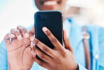 Closeup, hands and woman with a cellphone, typing and internet connection with social media, network and  chatting. Female person, entrepreneur and smartphone with website information and mobile app