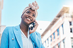 Smile, phone call and black woman in city for business communication with contact. African professional, happy and smartphone for conversation, discussion or talking, listening or mobile chat outdoor