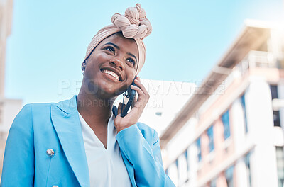 Buy stock photo Smile, phone call and black woman in city for business communication with contact. African professional, happy and smartphone for conversation, discussion or talking, listening or mobile chat outdoor