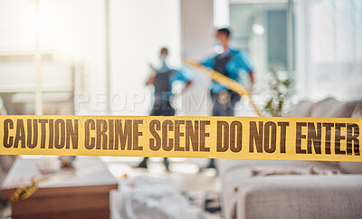 Buy stock photo Tape, crime scene and police in house for investigation, inspection and forensic analysis. Law enforcement, safety and security people in living room for criminal, murder and searching for evidence
