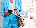 Closeup, outdoor and woman with a smartphone, business and internet connection with social media, network and typing. Female person, consultant and cellphone with communication, city and website info