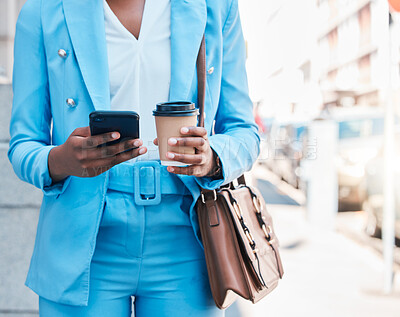 Buy stock photo Closeup, outdoor and woman with a smartphone, business and internet connection with social media, network and typing. Female person, consultant and cellphone with communication, city and website info