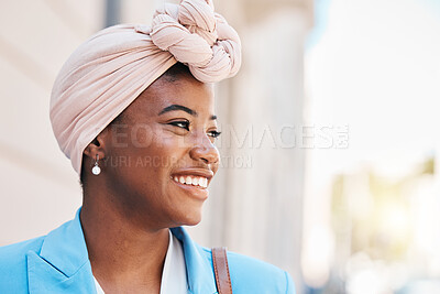 Buy stock photo Thinking, happy and a black woman in the city for work, business vision and ideas in the morning. Professional, urban and an African girl or corporate worker with a smile for a career or job