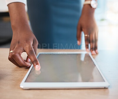 Buy stock photo Mockup, digital tablet and business woman with hand on screen in office for design, research or app development closeup. Finger, search and lady with space display for menu, survey or email marketing