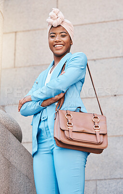 Buy stock photo Happy, pride and portrait of a black woman with arms crossed in the city as a lawyer. Smile, confident and an African employee or justice worker working in town as a professional legal entrepreneur