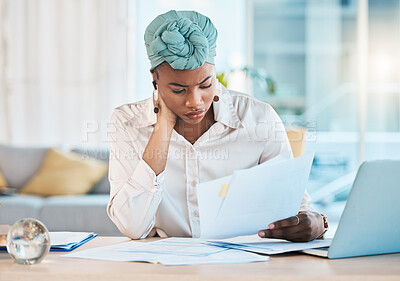 Buy stock photo Reading, serious and black woman with accounting paperwork, company budget and tax work. Confused, freelance and remote African corporate accountant with documents for financial or investment report