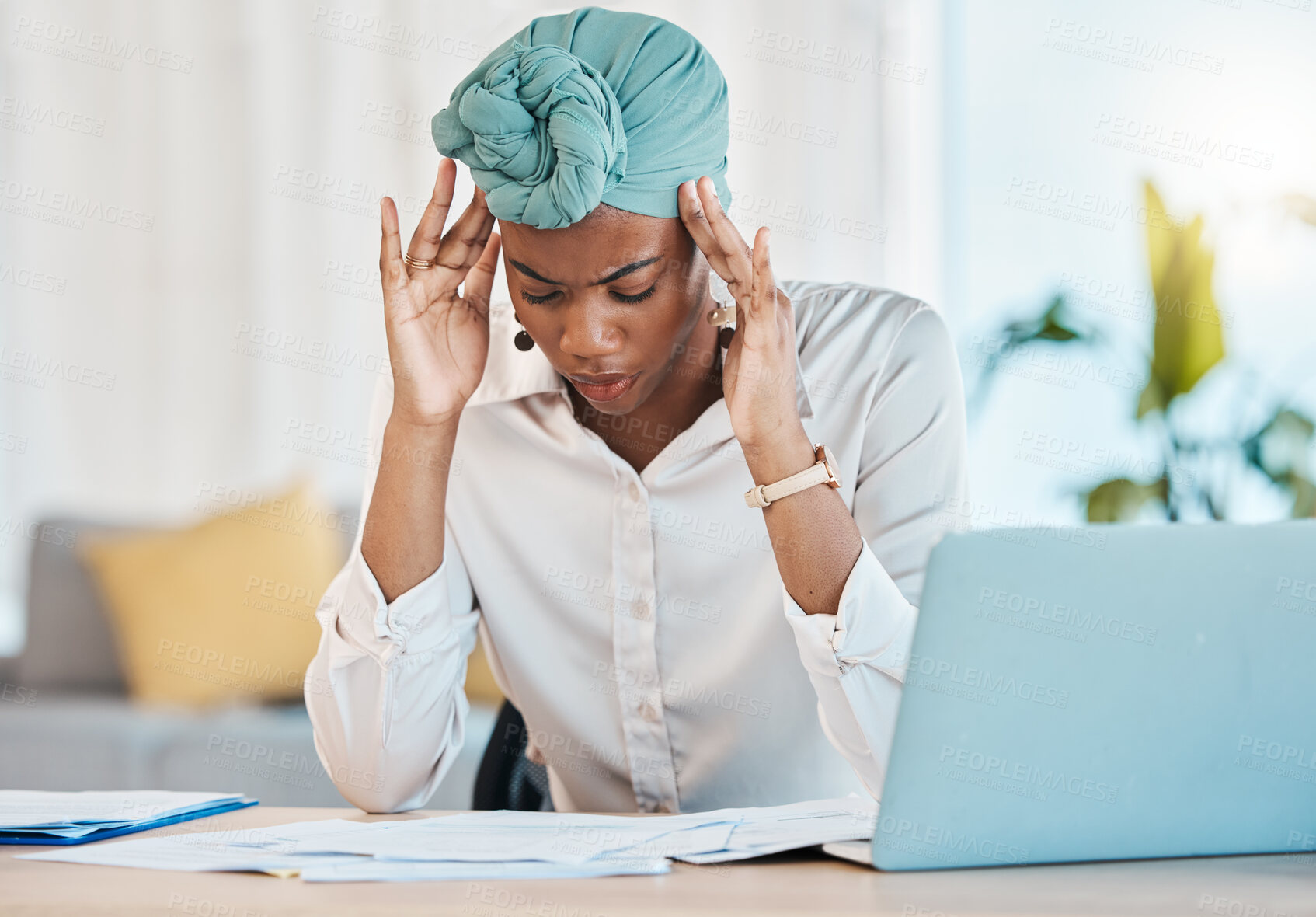 Buy stock photo Tax stress, paperwork and a black woman with a headache from a finance audit or accounting problem. Tired, business and an African corporate employee with anxiety about company financial budget