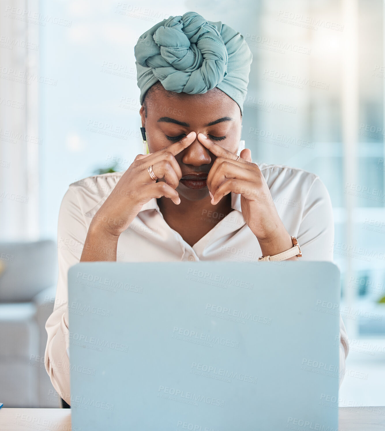 Buy stock photo Business, burnout and black woman with a headache, pain and employee overworked, anxiety and fatigue. Female person, depression or consultant with a migraine, laptop and tired with stress and anxiety