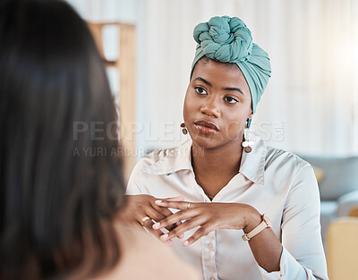 Buy stock photo Business people, conversation and meeting or interview in office with a black woman as leader. Face of African female entrepreneur with employee to listen to advice, idea or communication at work