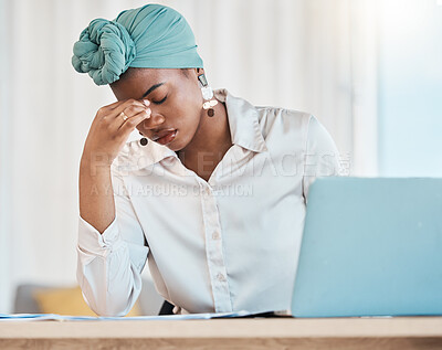 Buy stock photo Business, burnout and black woman with a headache, stress and employee overworked, depression and fatigue. Female person, consultant and agent with a migraine, laptop and tired with pain and anxiety