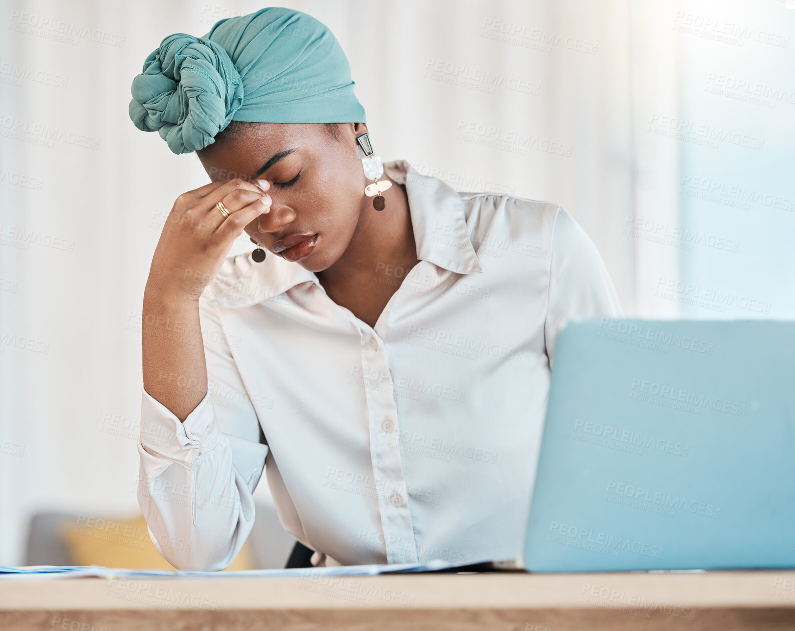 Buy stock photo Business, burnout and black woman with a headache, stress and employee overworked, depression and fatigue. Female person, consultant and agent with a migraine, laptop and tired with pain and anxiety