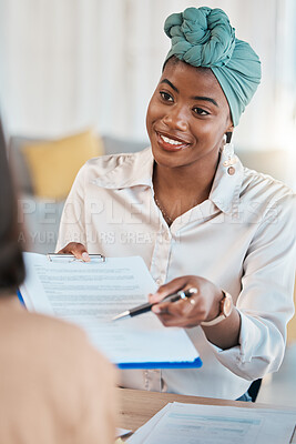 Buy stock photo Business people, signature and contract in meeting or interview at office with HR black woman. African female entrepreneur with pen and paper for employee to sign for hiring, recruitment or agreement