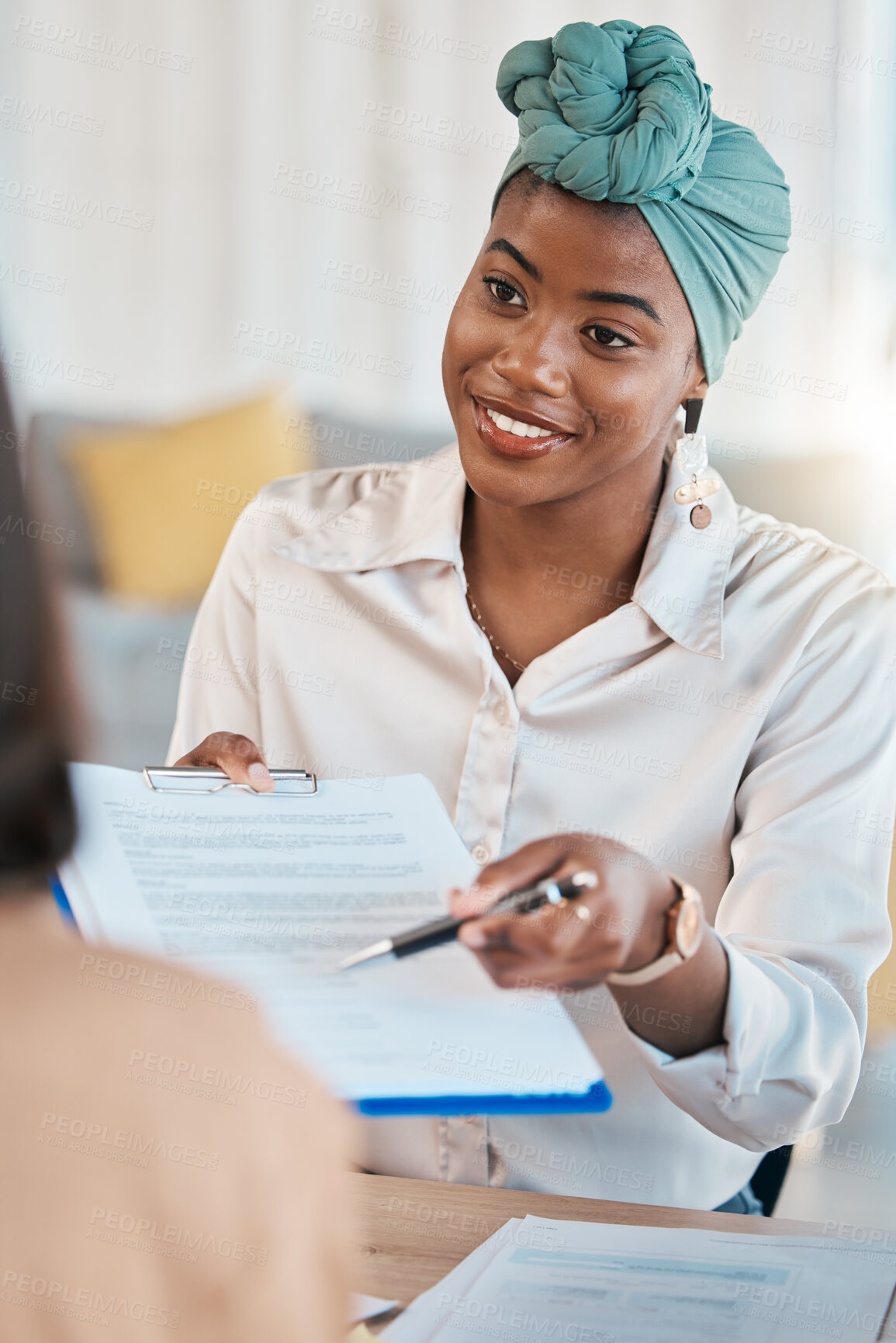 Buy stock photo Business people, signature and contract in meeting or interview at office with HR black woman. African female entrepreneur with pen and paper for employee to sign for hiring, recruitment or agreement