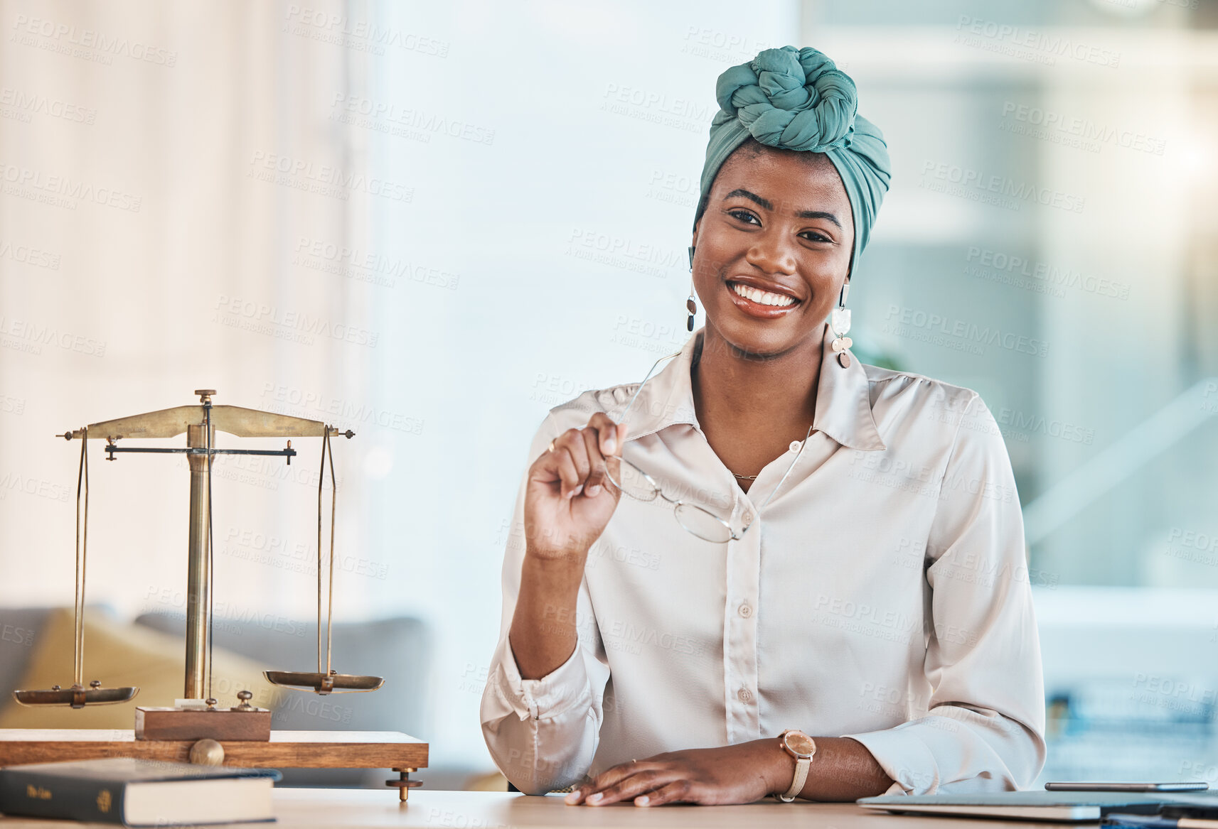 Buy stock photo Lawyer, portrait and happy black woman with glasses in office, law firm or workplace table. African attorney, face and smile of professional, employee or worker with legal advisor career in Nigeria.