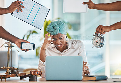 Buy stock photo Frustrated, busy and a black woman with hands and laptop for business, team chaos and stress. Anger, meeting and an African employee with anxiety about an email and problem from workers about project