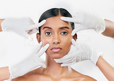 Buy stock photo Hands, face and woman, beauty and plastic surgery, inspection and skincare isolated on white background. Portrait, dermatology and doctor check, female model and procedure with collagen and cosmetics