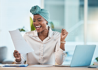 Buy stock photo Laptop, documents and wow with a business black woman in celebration while reading her promotion contract. Success, motivation and paper with a young female employee cheering as a winner in an office