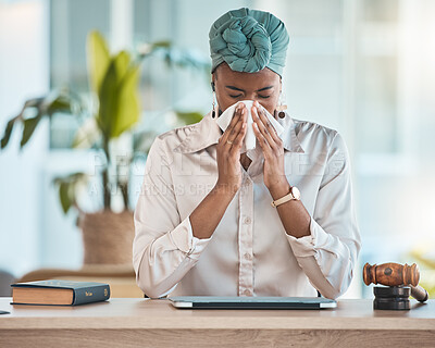 Buy stock photo Workplace, blowing nose or sick black woman with tissue, flu or worker with health problems or illness in office. Lady, sneezing or businesswoman with toilet paper, allergy virus or fever disease 
