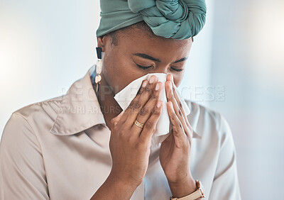 Buy stock photo Office, blowing nose or sick black woman with tissue, flu or worker with health problems or illness in workplace. Lady, sneezing or businesswoman with toilet paper, allergy virus or fever disease 