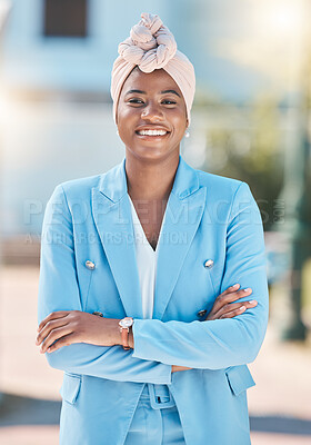 Buy stock photo City pride, portrait and a black woman with arms crossed for business or corporate work. Smile, professional and an African employee or girl with confidence and happiness about professional career