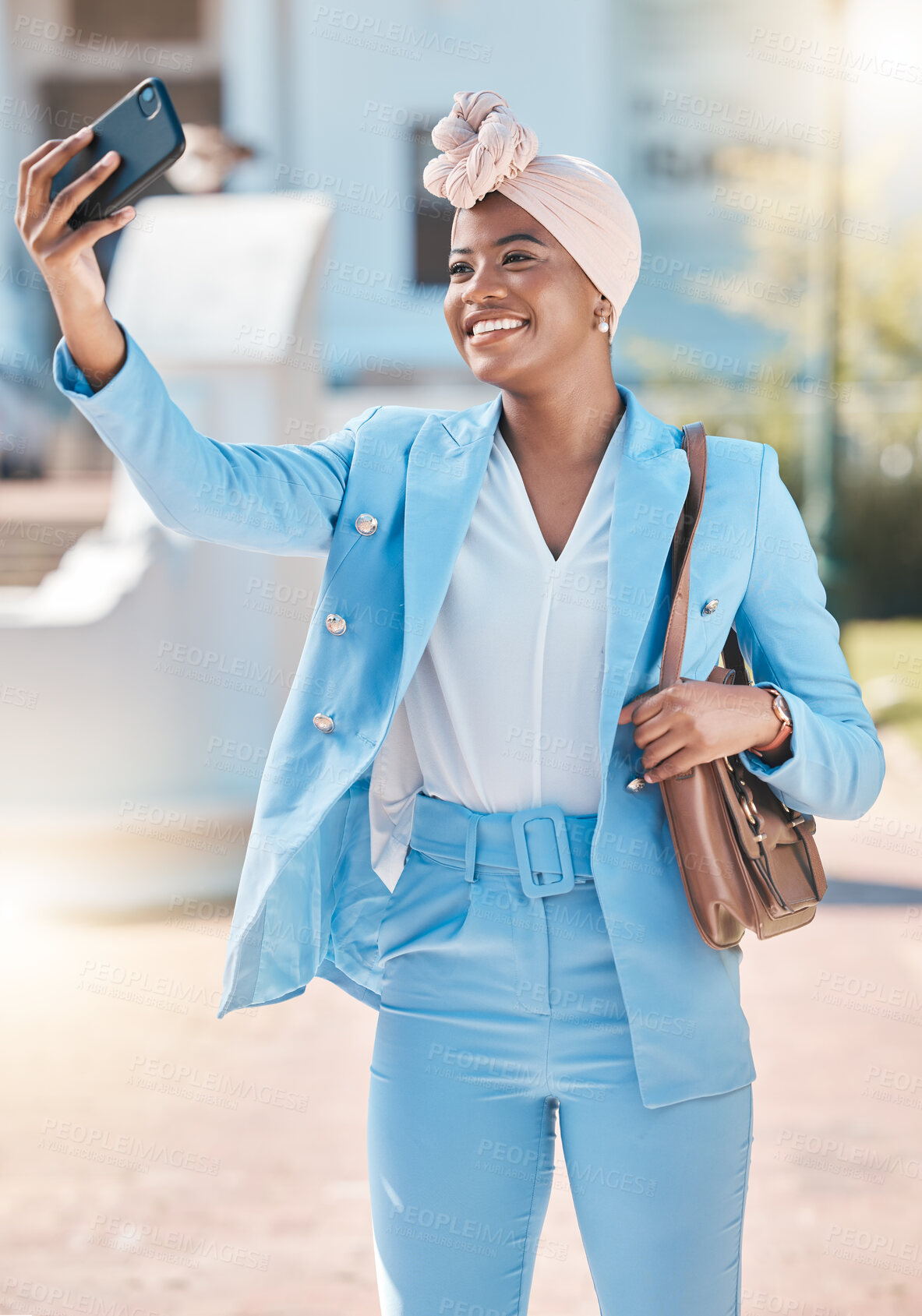 Buy stock photo Black business woman, selfie and smile in street with fashion, beauty and post for social network app. Happy African entrepreneur, photography and profile picture for web blog with suit in metro cbd