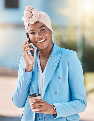Buy stock photo Portrait, phone call and black woman with coffee in city for communication with business contact. African professional, face and smile with smartphone for conversation, discussion or talking outdoor.