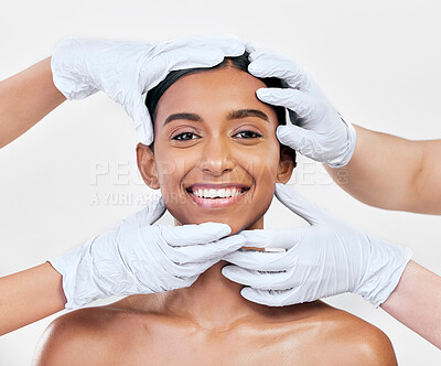 Buy stock photo Woman, plastic surgery and gloves in studio portrait with smile for skin, inspection or change by white background. Girl, model and doctors hands for transformation, cosmetics and facial aesthetic