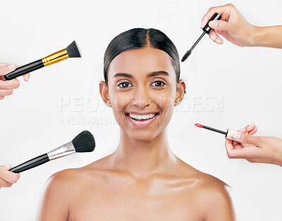 Buy stock photo Portrait, beauty and woman with makeup, brushes or organic facial on a white studio background. Face, female person or model with cosmetics tool, self care or wellness with natural skincare or luxury