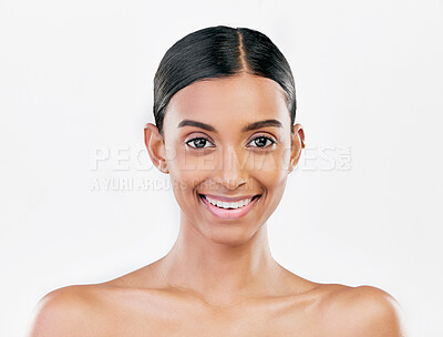 Buy stock photo Beauty, face and portrait a happy woman with natural skin care isolated on a white background. Dermatology, makeup glow and cosmetics with Indian female model for facial shine and self love in studio