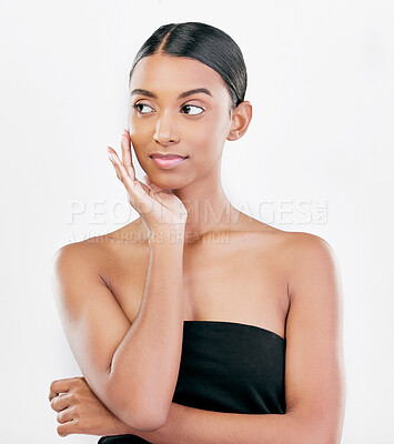 Buy stock photo Beauty, thinking and face of a woman with natural skin care isolated on a white background. Dermatology, makeup glow and cosmetics with Indian female model for facial shine and self love in studio