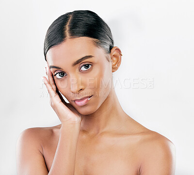 Buy stock photo Beauty, skin and face portrait of a woman with natural glow isolated on a white background. Dermatology, makeup and cosmetics of Indian female model for facial shine, wellness or self care in studio