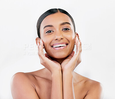 Buy stock photo Beauty, skin and face portrait of a happy woman with natural glow isolated on a white background. Dermatology, makeup and cosmetics of Indian female model for facial shine or self care in studio