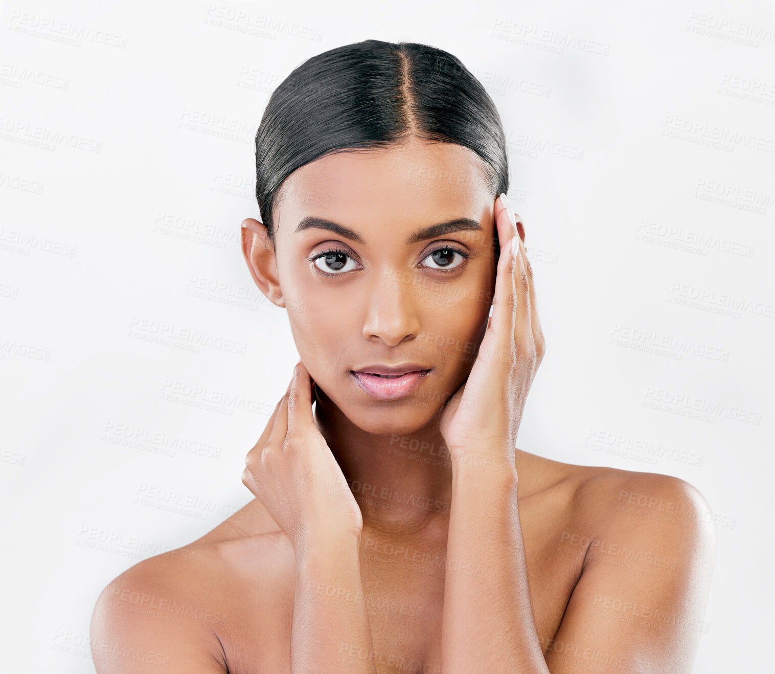 Buy stock photo Portrait, beauty and face of a serious woman with natural skin glow isolated on a white background. Dermatology, makeup or cosmetics of Indian person for facial shine, wellness or self care in studio