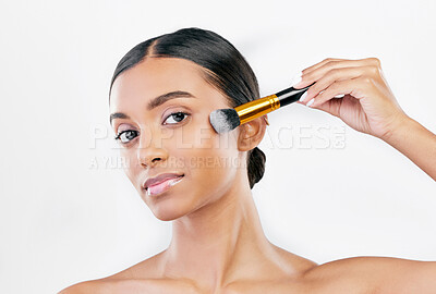 Buy stock photo Portrait, beauty and woman with makeup, brush and skincare against a white studio background. Face, female person or model with cosmetics tool, wellness and luxury with organic facial and dermatology