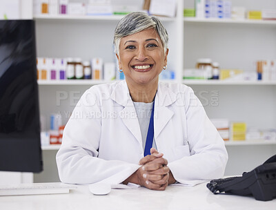 Buy stock photo Portrait, pharmacist and smile with professional for happiness at chemist for medicine or help. Mature female, pharmacy and face with smile for medicine with customer service in retail healthcare. 
