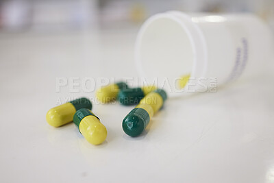 Buy stock photo Pills, medication and capsules of pharmaceutical drugs on table for cure, pain or remedy at the clinic. Closeup of healthcare or medical tablets on desk at pharmacy for products, dose or inventory 