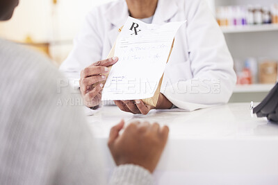 Buy stock photo Doctor, hands and patient at pharmacy for medication prescription, drugs or consultation at store. Medical or healthcare professional consulting client on dosage for pharmaceutical product at clinic