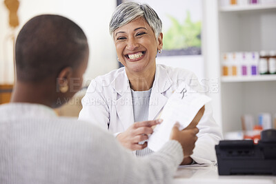 Buy stock photo Senior pharmacist woman, customer and paper with smile, prescription and pointing with advice. Mature pharmacy manager, document and helping hand for wellness, healthcare and retail store for drugs