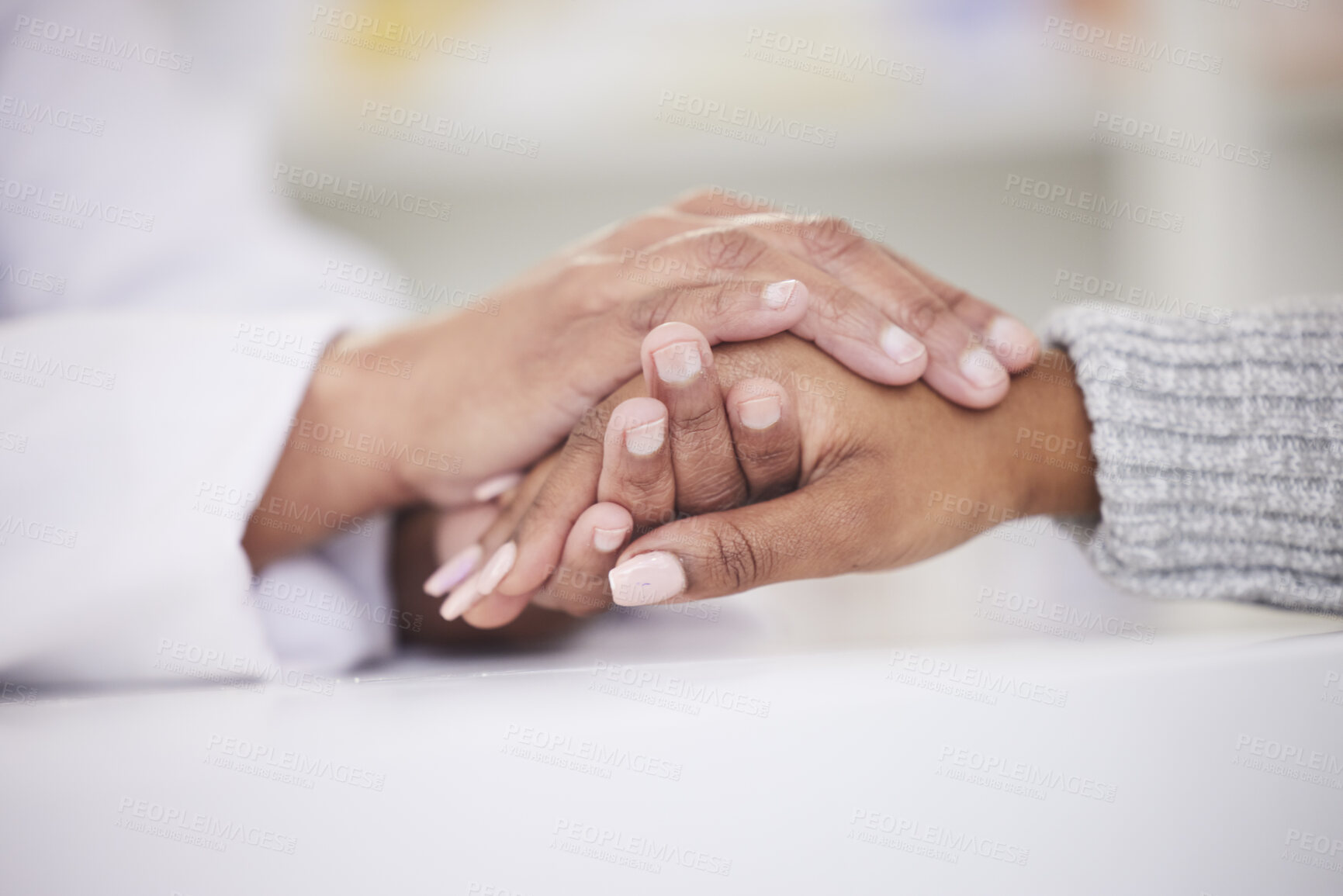 Buy stock photo Holding hands, patient and doctor with support, empathy and care in medicine, clinic or hospital worker with woman in crisis. Doctors hand, nurse or person with kindness, solidarity or respect