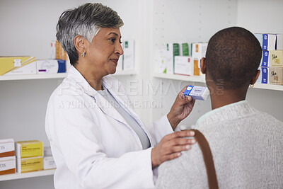 Buy stock photo Woman, pharmacist and helping customer with medicine info, healthcare services and product advice. Pharmacy, consulting and medical support in retail store, pharmaceutical shop or drugstore for pills