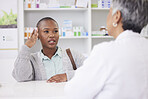 Black woman, patient and doctor at pharmacy for consultation, checkup or advice at store. African female person talking to medical or healthcare professional for pharmaceutical cure or drug at clinic