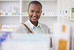 Medicine, portrait and shopping with black woman in pharmacy for medical, pills and information. Healthcare, product and retail with female customer and box for inventory, wellness and supplements