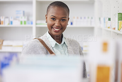 Buy stock photo Medicine, portrait and shopping with black woman in pharmacy for medical, pills and information. Healthcare, product and retail with female customer and box for inventory, wellness and supplements